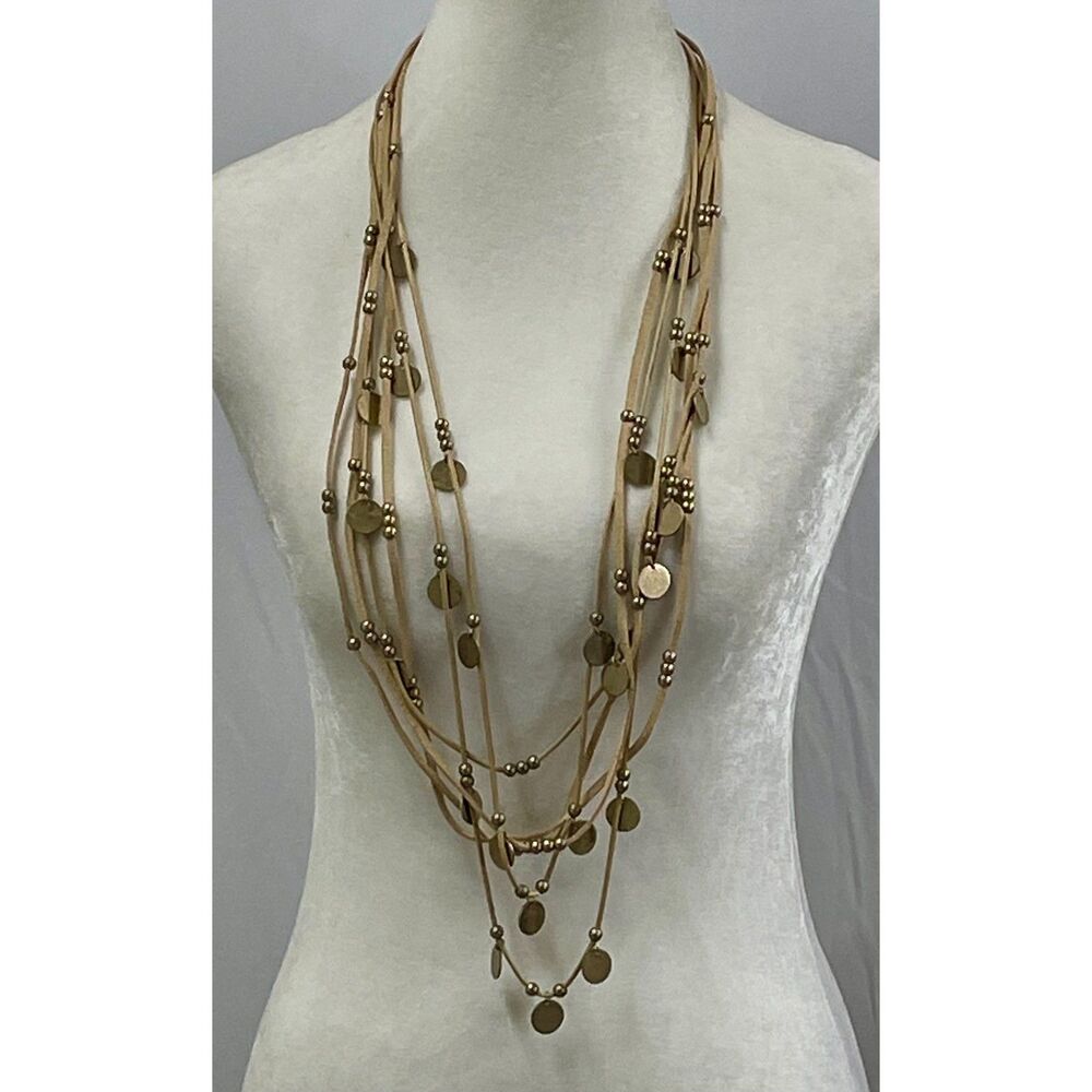 Plunder Layered Faux Leather Gold Coin Disc Boho Statement Necklace - Picture 4 of 9